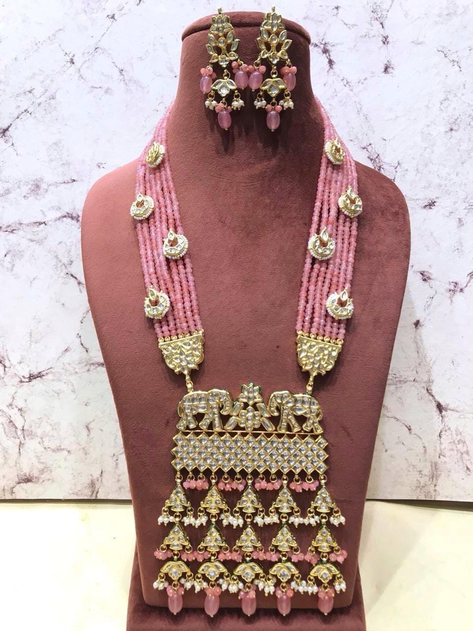 Long Necklace with Elephant Motif Kundan Necklace with Beads