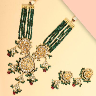 Green & Red Beads Kundan Gold Plated Jewellery Set