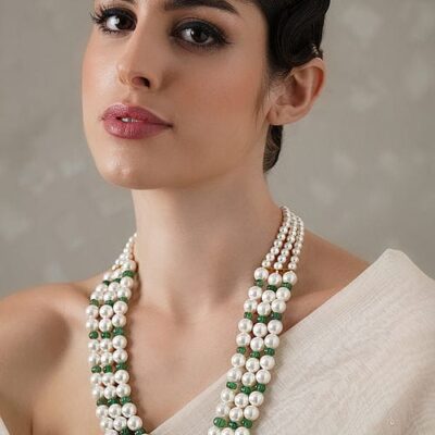 Long Emerald Green & White Pearl Necklace Set