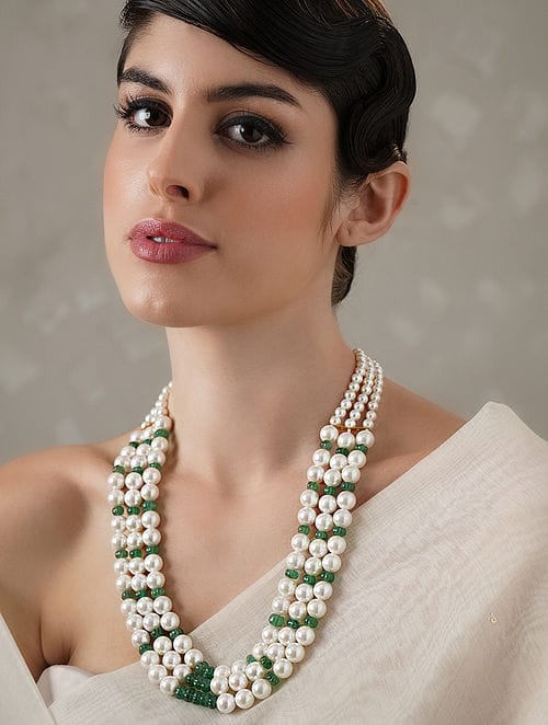 Long Emerald Green & White Pearl Necklace Set