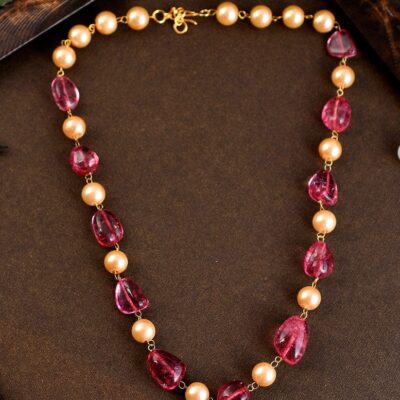 Gold Plated Pink Quartz Pearl Unisex Necklace
