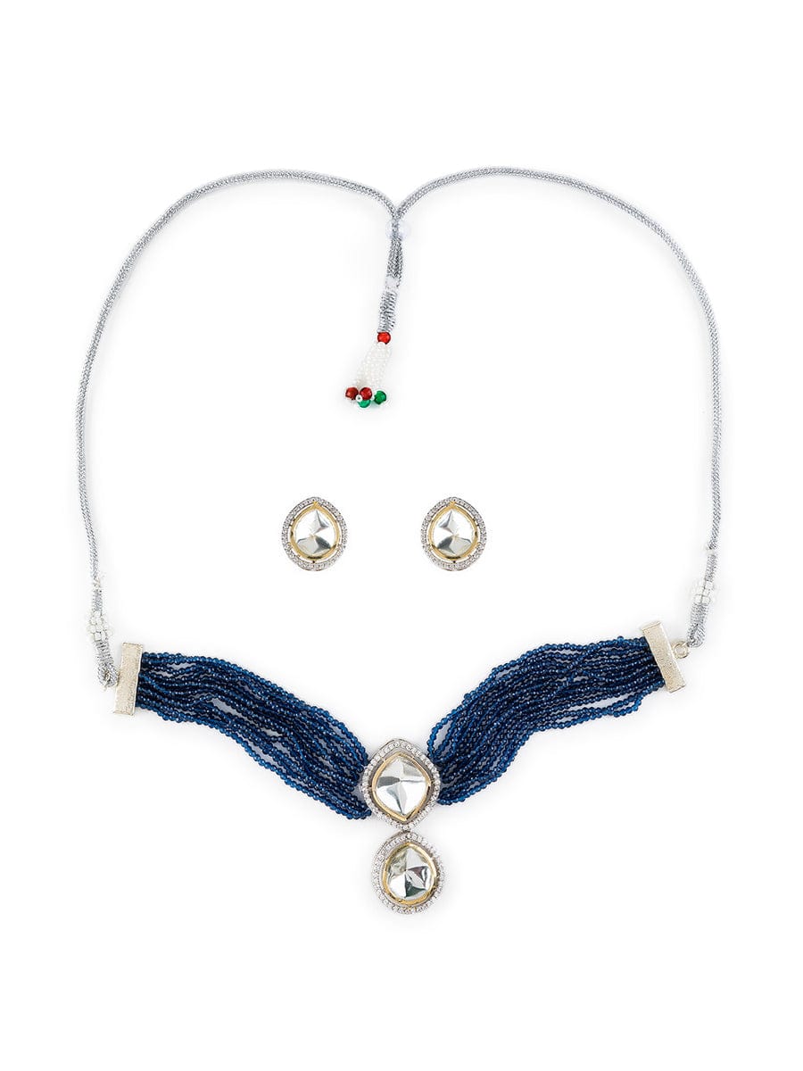 Silver Plated Polki Embellished Necklace Set - Image 4