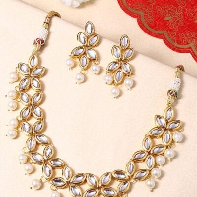 Gold-Plated White Kundan Handcrafted Necklace And Earrings