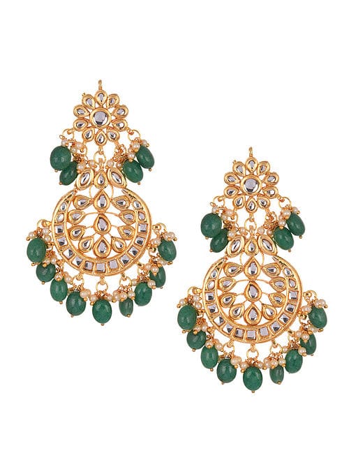 Green Floral Kundan Gold-Plated Necklace With Earring & Maangtikka - Image 4