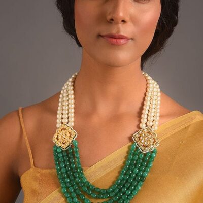 Gold Plated Meenakari Kundan, Emerald & Pearls Layered Necklace