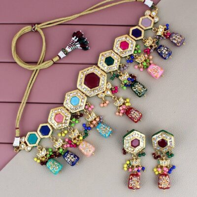 Gold Plated Multicolor Stone Kundan Necklace Set