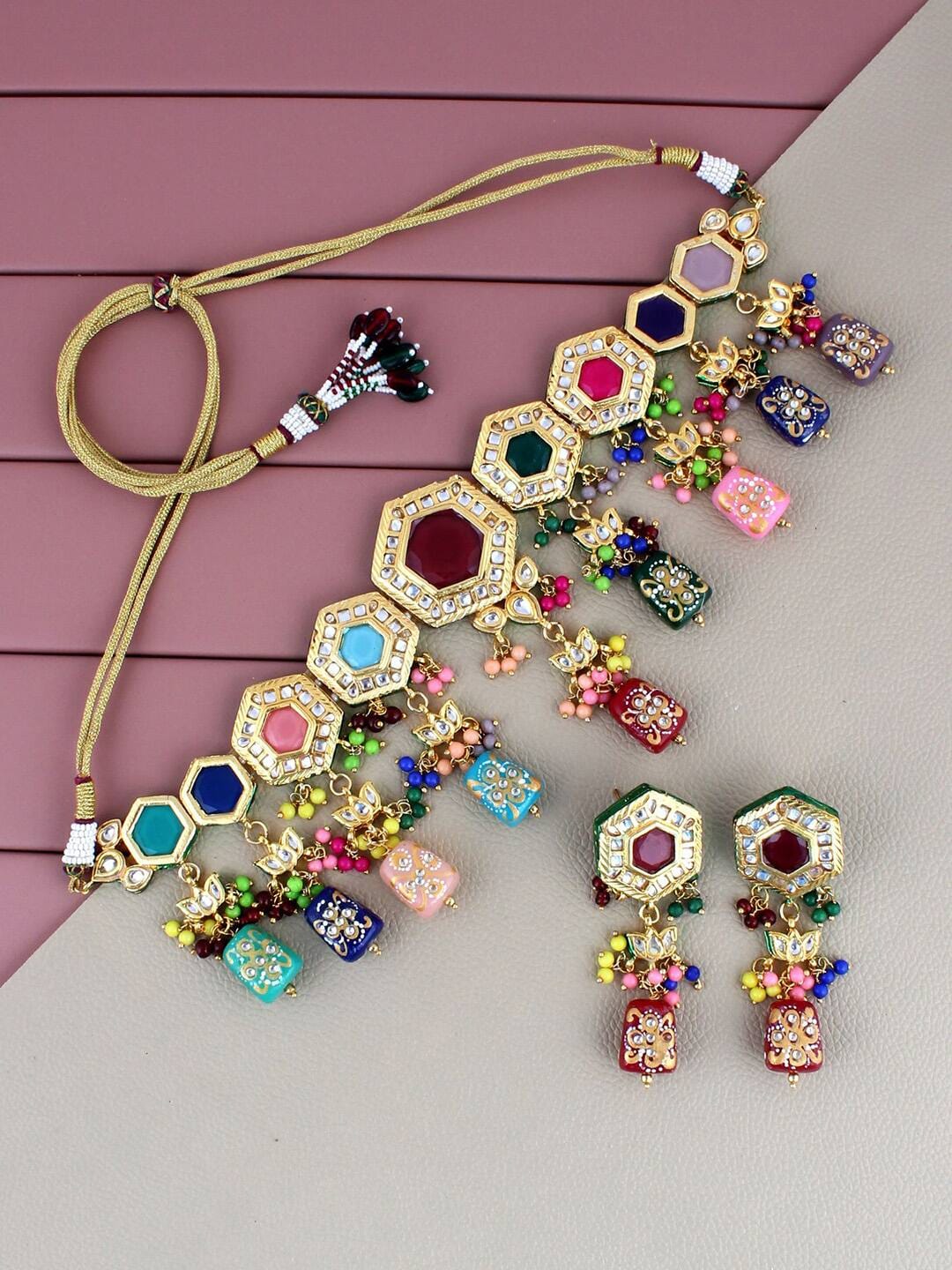 Gold Plated Multicolor Stone Kundan Necklace Set