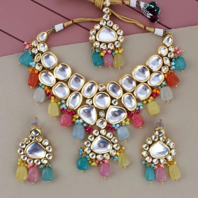 Gold-Plated Kundan-Studded & Pearls Beaded Necklace With Earrings & Maangtikka