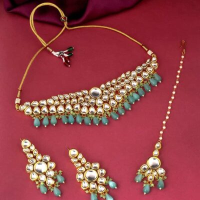Gold Plated Bridal Kundan Necklace With Earrings & maangtika
