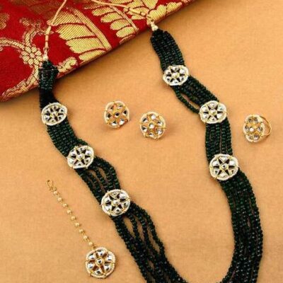 Green Beads Kundan Necklace Earring Maang Tikka & Ring Set