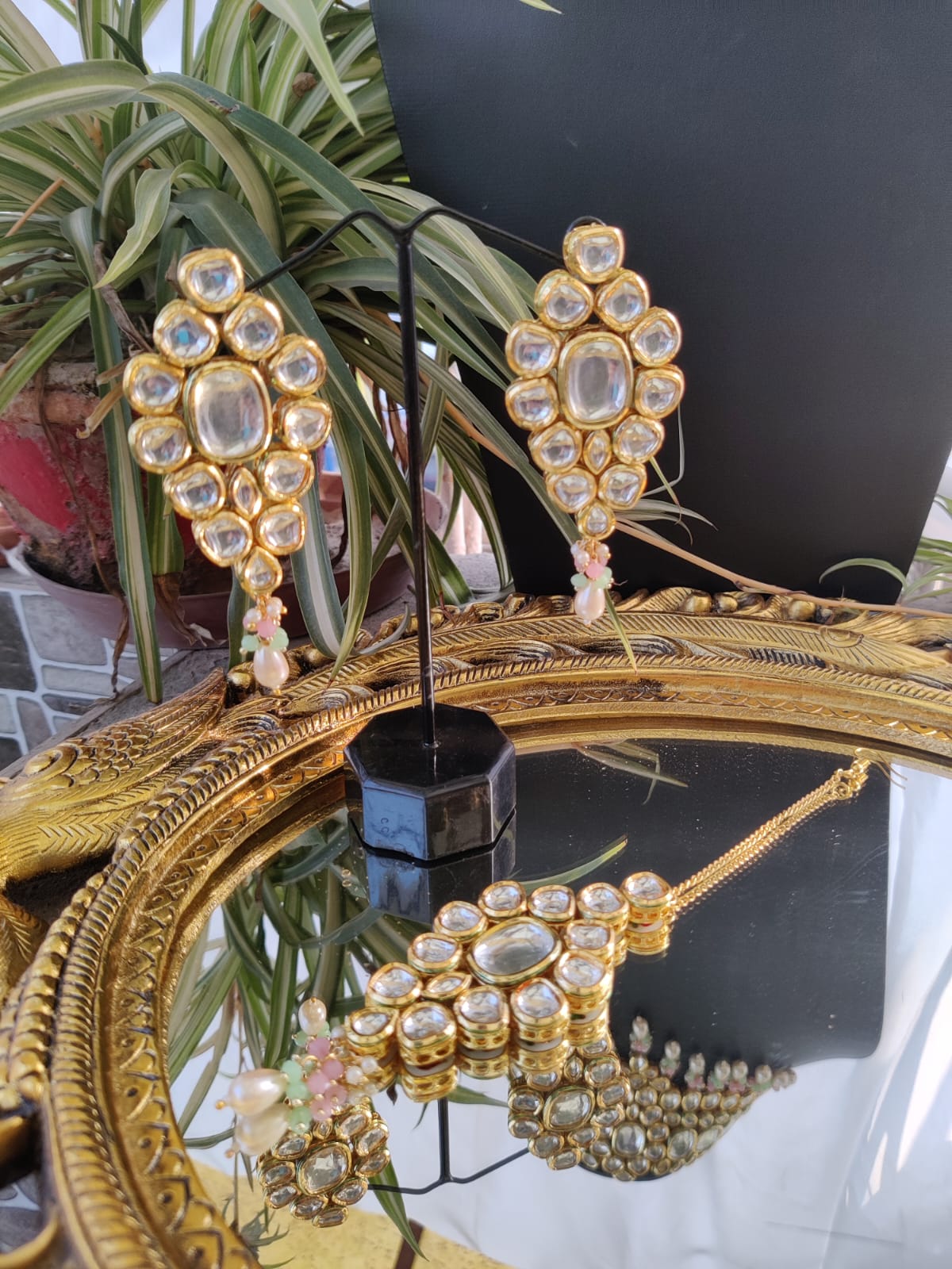 Gold Plated Polki Choker Necklace With Earrings & maangtikka - Image 3