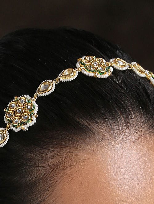 Gold Plated White Kundan Studded & Pearl Beaded Matha Patti - Image 3