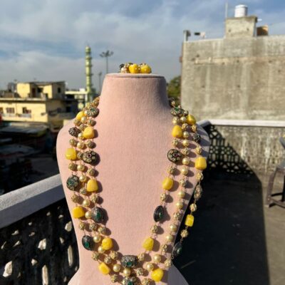 Gold Plated Stone Studded & Beaded Necklace With Earrings