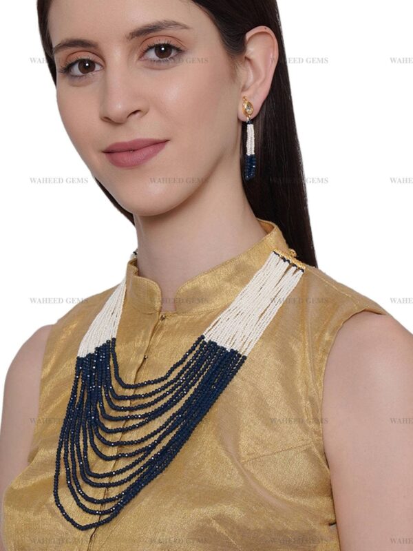 47White And Navy Blue Cream Beaded Necklace With Pearls Multicolored Gold Tone Necklace with Earrings long necklace, Indian jewelry, beads set - Image 2