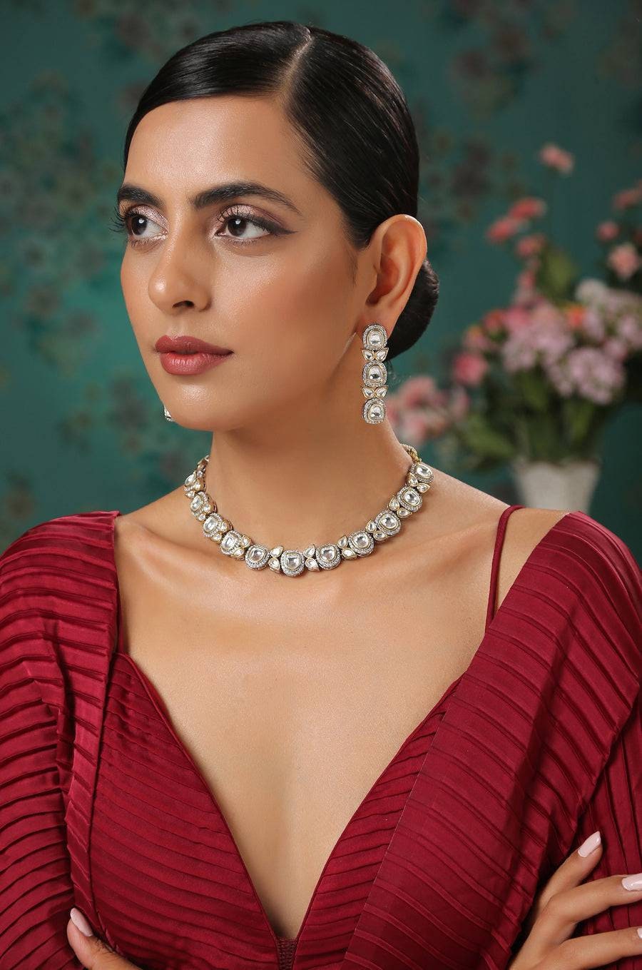 9Victorian Uncut Polki Faux Diamond Necklace set/Designer Victorian Necklace Set/Polki Diamond set/Jadau set/Sabyasachi Inspired Jewelry set - Image 4