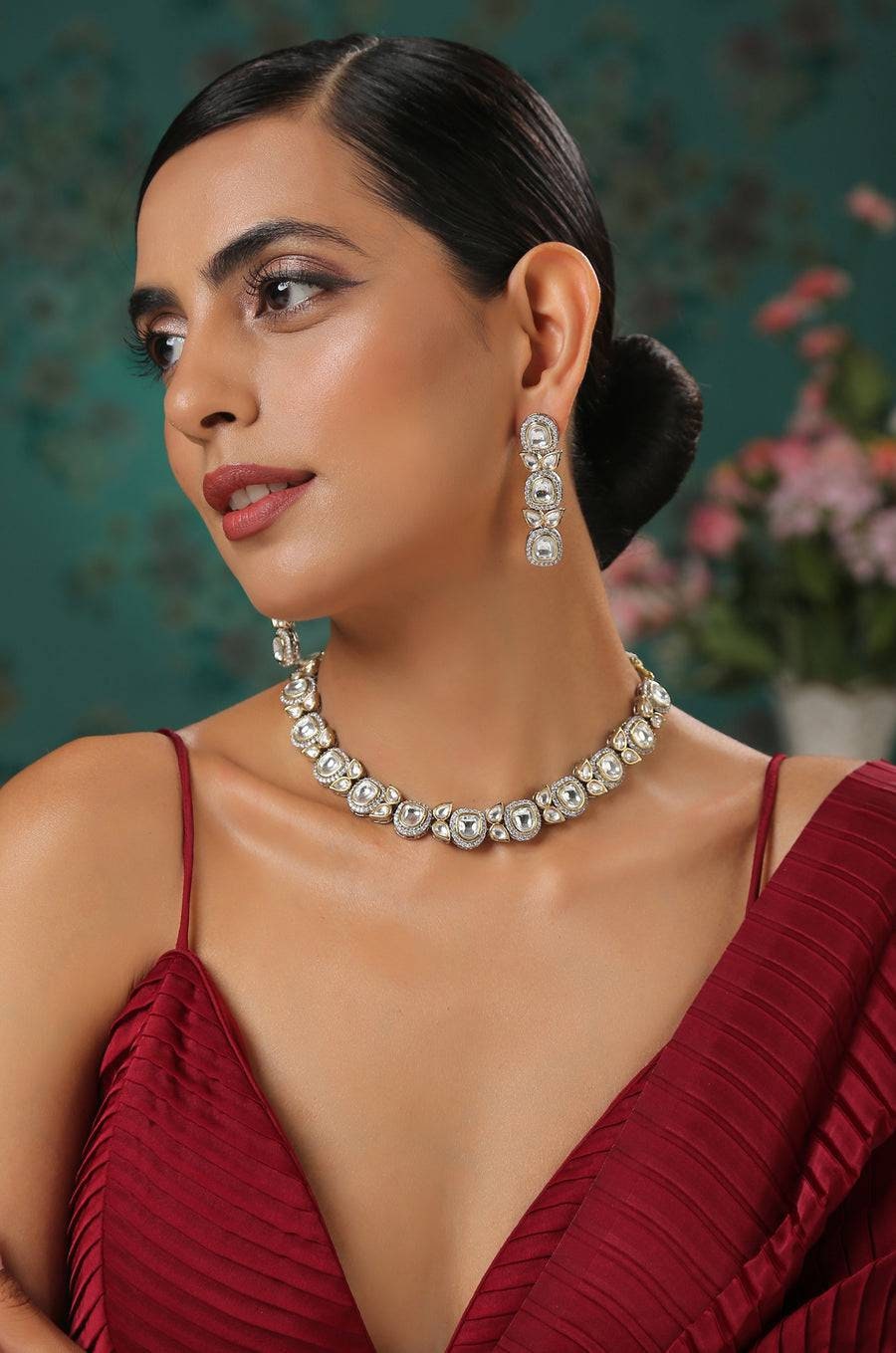 9Victorian Uncut Polki Faux Diamond Necklace set/Designer Victorian Necklace Set/Polki Diamond set/Jadau set/Sabyasachi Inspired Jewelry set - Image 5