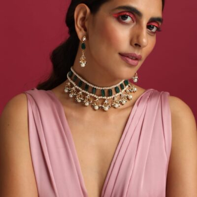 Green Pearls Kundan Drop Embellished Necklace Set