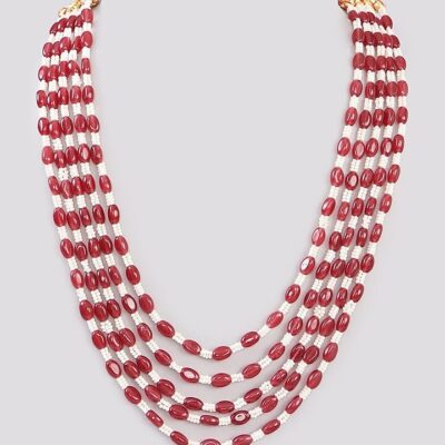Gold Finish Ruby Red Long Necklace