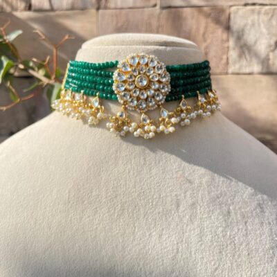 Emerald Green Pachi Kundan Choker Jewellery Set