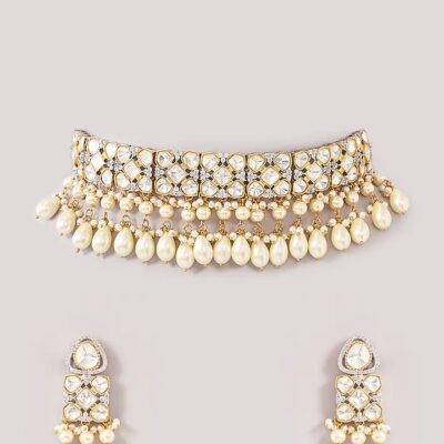 Gold Finish Kundan Polki & Pearl Choker Necklace Set