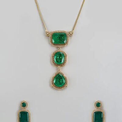Gold Finish Green Faux Polki Necklace Set