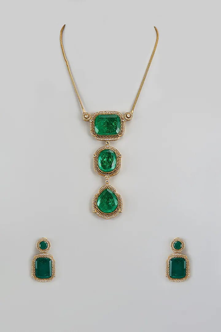 Gold Finish Green Faux Polki Necklace Set
