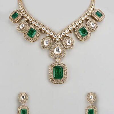 Gold Finish Green Faux Polki Necklace Set