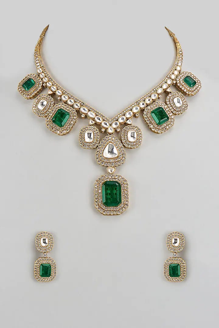 Gold Finish Green Faux Polki Necklace Set