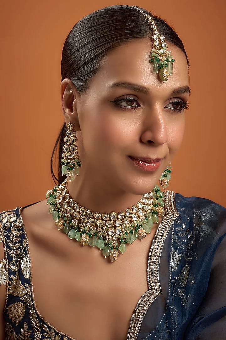Gold Finish Kundan Polki & Emerald Necklace - Image 2