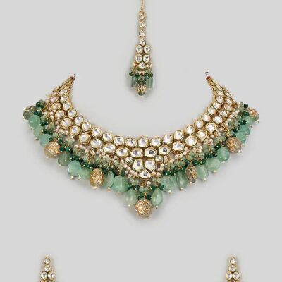 Gold Finish Kundan Polki & Emerald Necklace