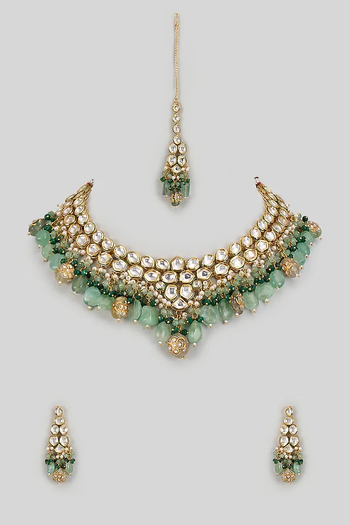 Gold Finish Kundan Polki & Emerald Necklace