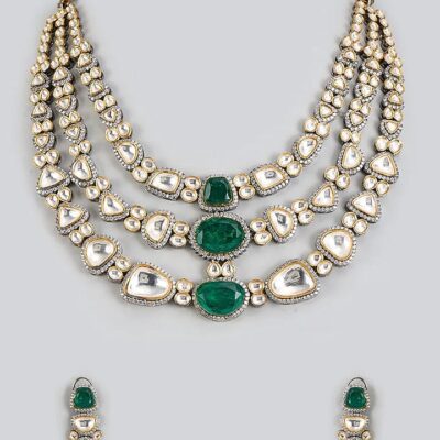 Sabyasachi Inspired Premium Victorian Three Layered Uncut Faux Moissanite Polki Necklace