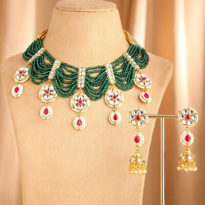 18K Gold-Plated Handcrafted Golden Beaded Traditional Brass Choker Necklace Set