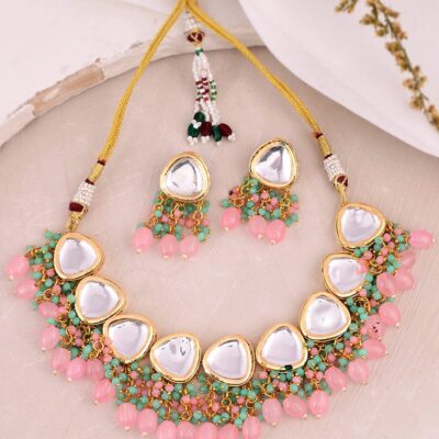 Gold plated pink beads kundan jewellery set