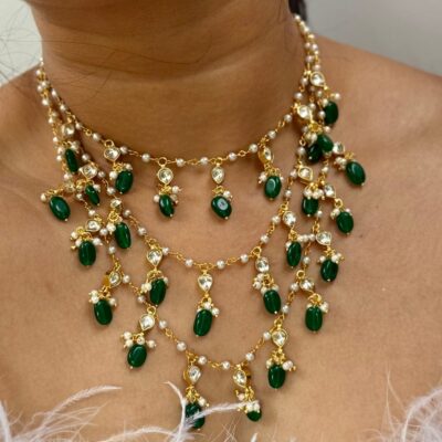 Handmade Kundan Necklace With Green Beads
