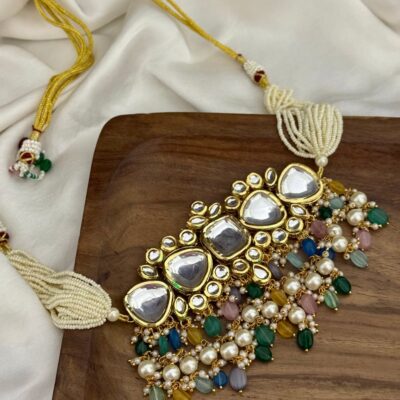 Gold Plated Kundan Necklace With Multi Beads