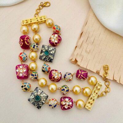 Ruby Wine Red Multicolour Jaipuri Beads Stone Hand Bracelet