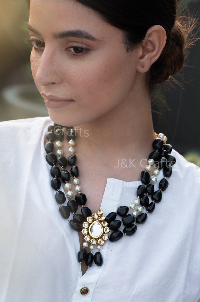 Gold Plated Kundan Polki & Pearl Necklace - Image 4