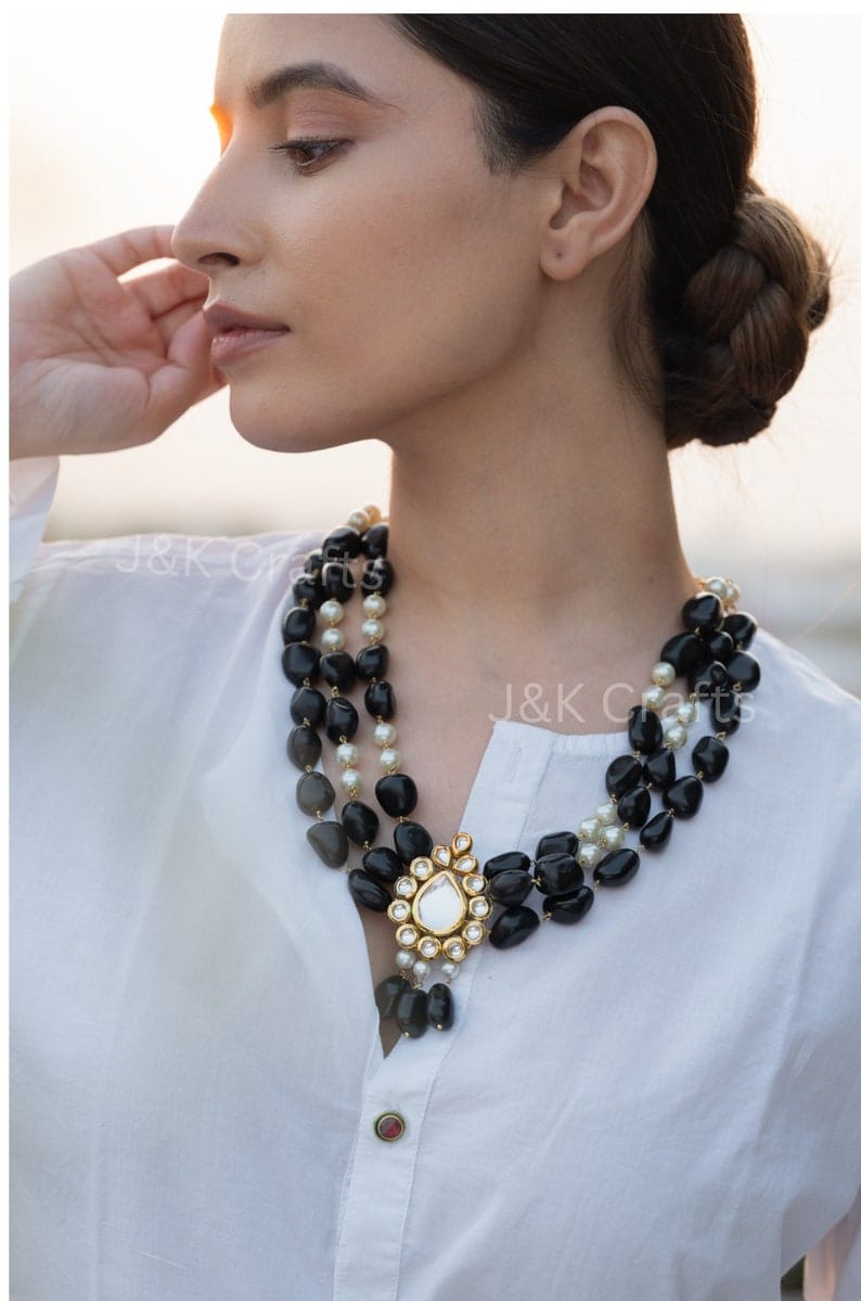 Gold Plated Kundan Polki & Pearl Necklace - Image 2