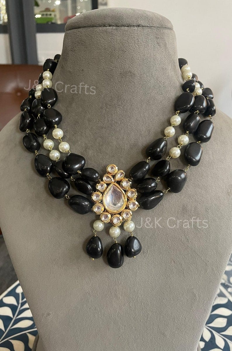 Gold Plated Kundan Polki & Pearl Necklace - Image 3