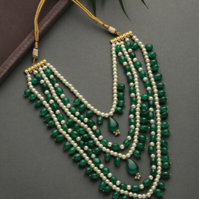 Green Pearl Beaded Necklace: 22k Gold Plated Indian Jewelry
