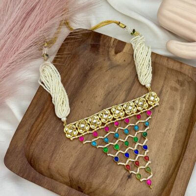 Multi Kundan With White Pearl Necklace