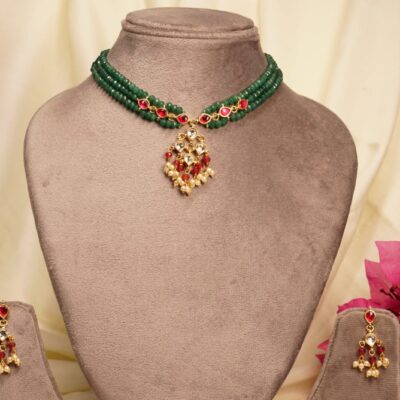 Red Kundan With Green Onyx Necklace