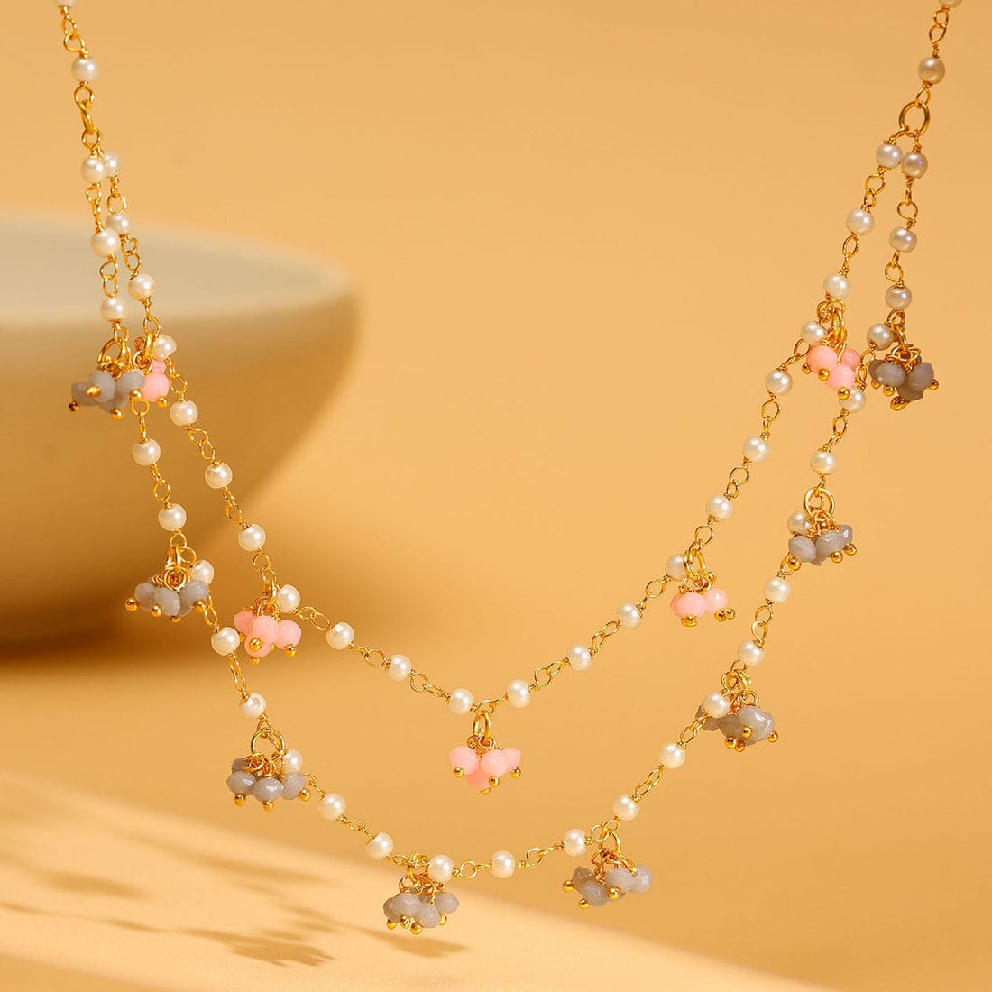 Beaded Pearl Necklace with Grey and Pink Colourful Motifs