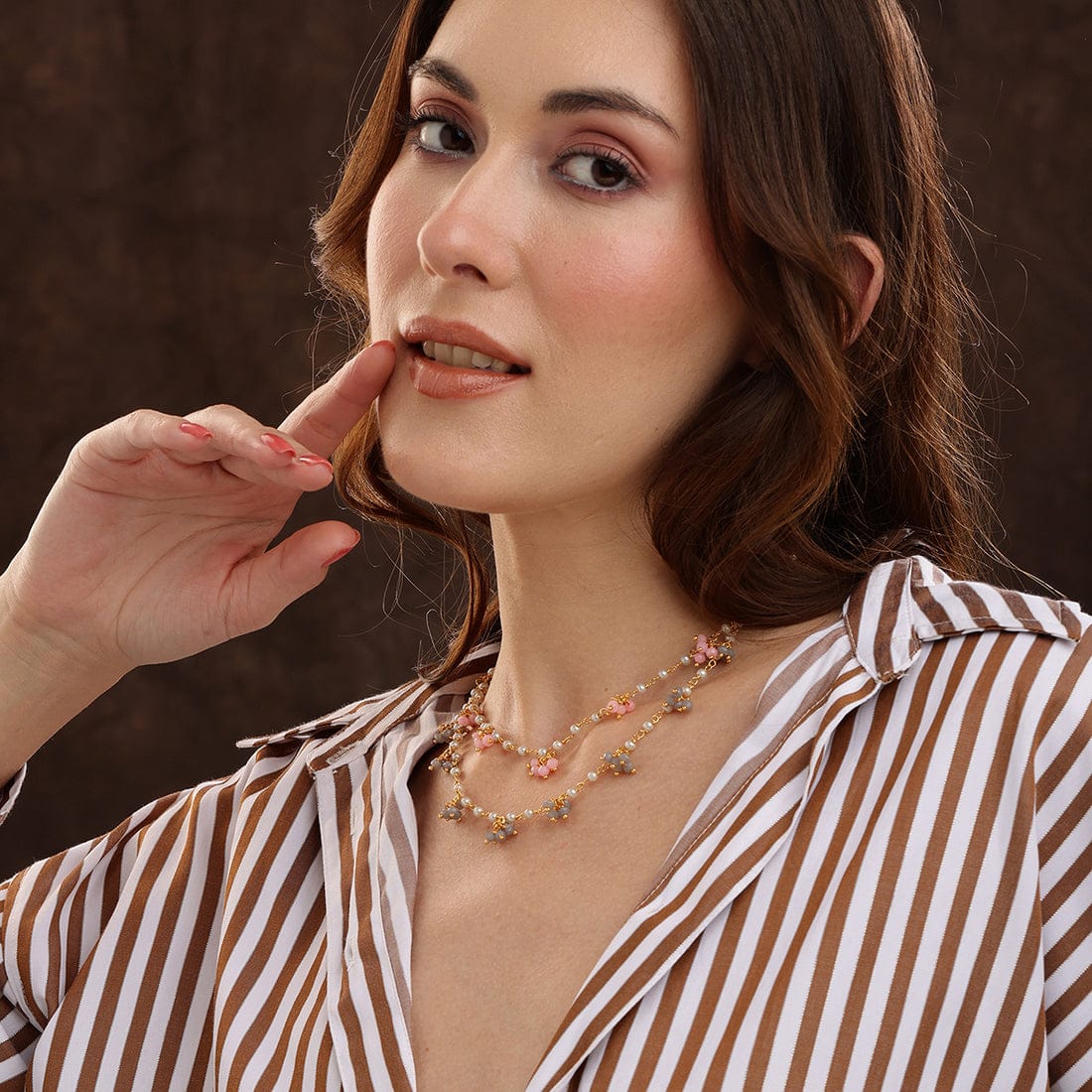 Beaded Pearl Necklace with Grey and Pink Colourful Motifs - Image 2