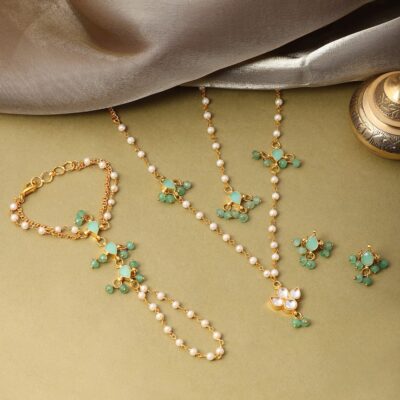 Kids Kundan Green Stone Combo Jewelry Set