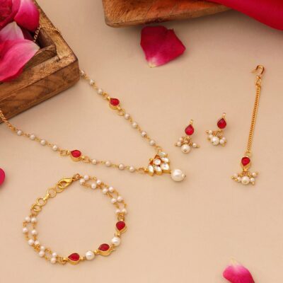 Kids Kundan Red Stone Combo Jewelry Set