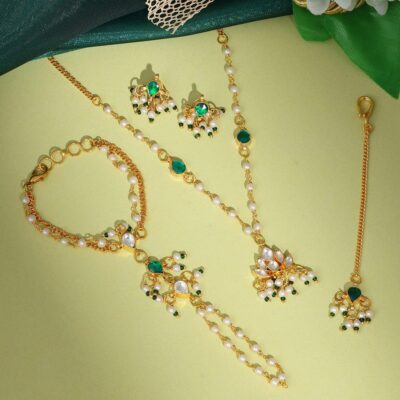 Kids Kundan Green Stone Combo Jewelry Set