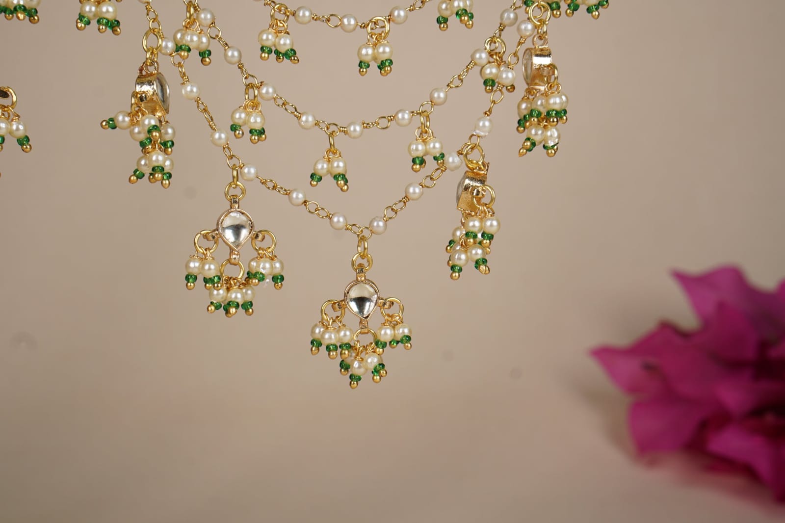 Gold Finish Kundan Polki Ear Chain - Image 2
