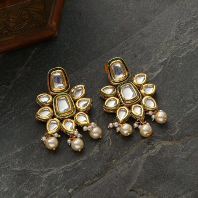 Gold Plated Kundan Earrings with Pearls: Indian Jewelry